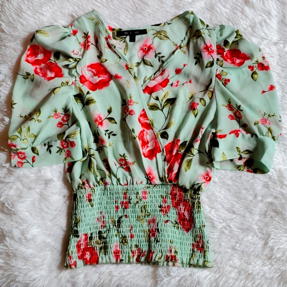 Medium Green flower blouse with pink roses